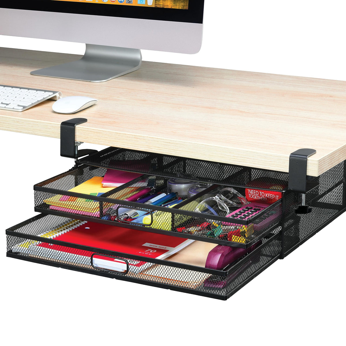 Clamp-On 2-Drawer Metal Mesh Under-Desk Organizer